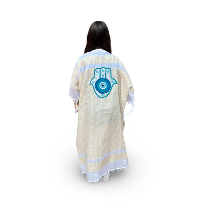 Hand-Painted Yellow Kaftan with Turquoise Hamsa