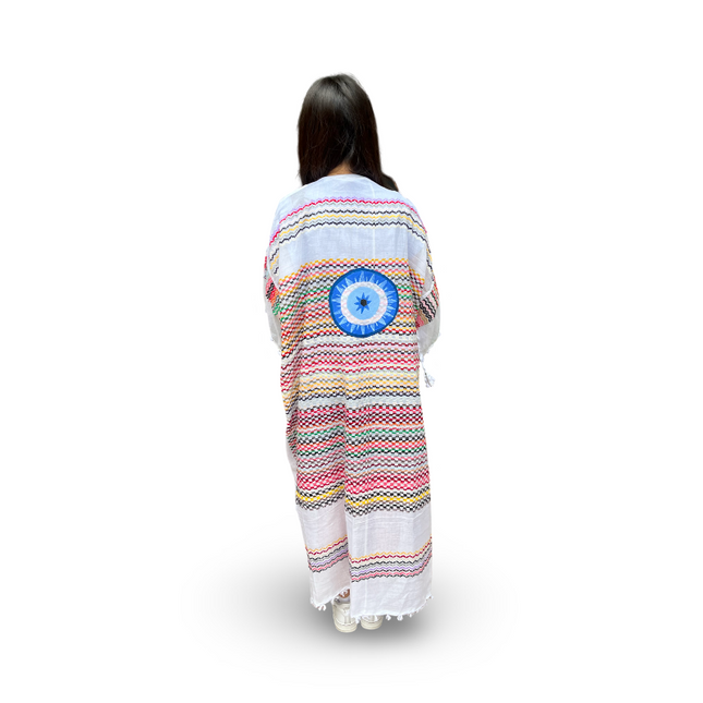 Hand-Painted Multi-Colored White Kaftan with Blue Evil Eye