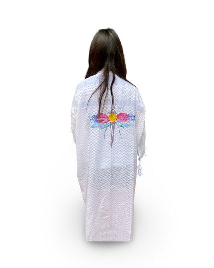 Hand-Painted White Kaftan with Colorful Dragonfly