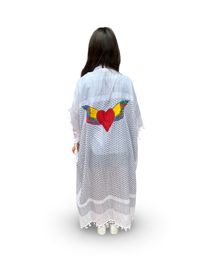 Hand-Painted White Kaftan with Colorful Heart and Wings