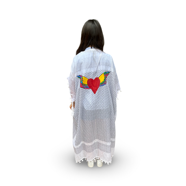 Hand-Painted White Kaftan with Colorful Heart and Wings