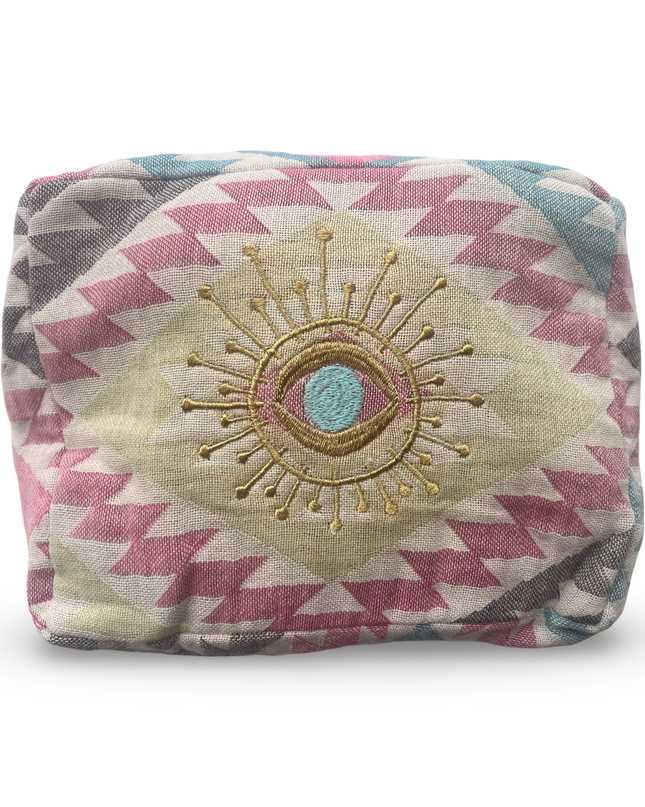 Multi-Colored Embroidered Evil Eye Cosmetic Pouch