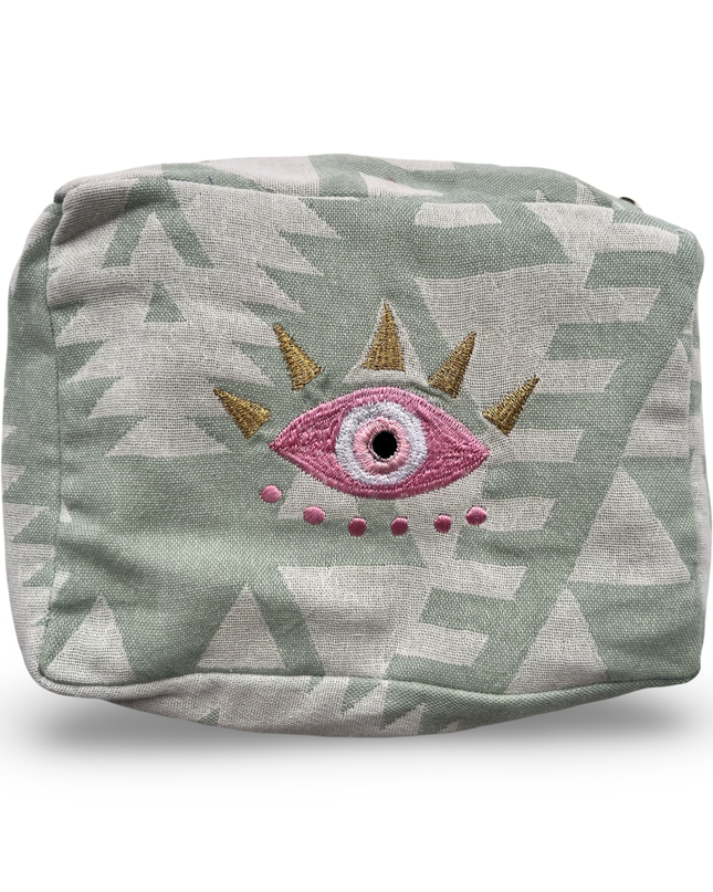 Green Evil Eye Nazar Embroidered Cosmetic Pouch