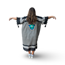 Load image into Gallery viewer, Hand-Painted Black Kaftan with Blue and Green Hamsa
