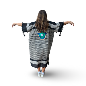 Hand-Painted Black Kaftan with Blue and Green Hamsa