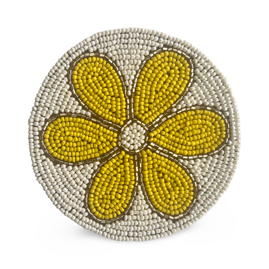 White Beaded Coaster with Yellow Flower