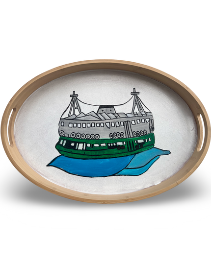 Hand-Painted Wooden Oval Tray with Hong Kong Star Ferry