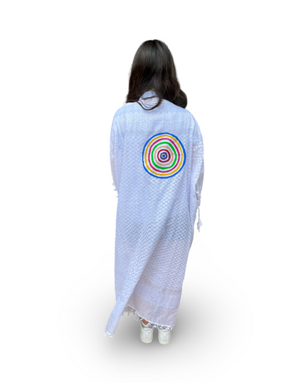 Hand-Painted White Kaftan with Colorful Circles