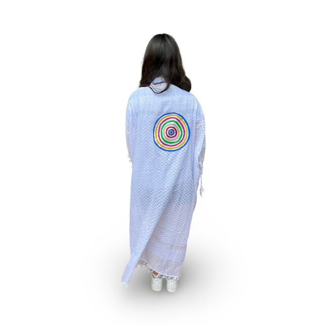 Hand-Painted White Kaftan with Colorful Circles