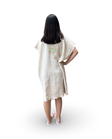 Beige Cotton Cover Up Dress with Evil Eye Embroidery