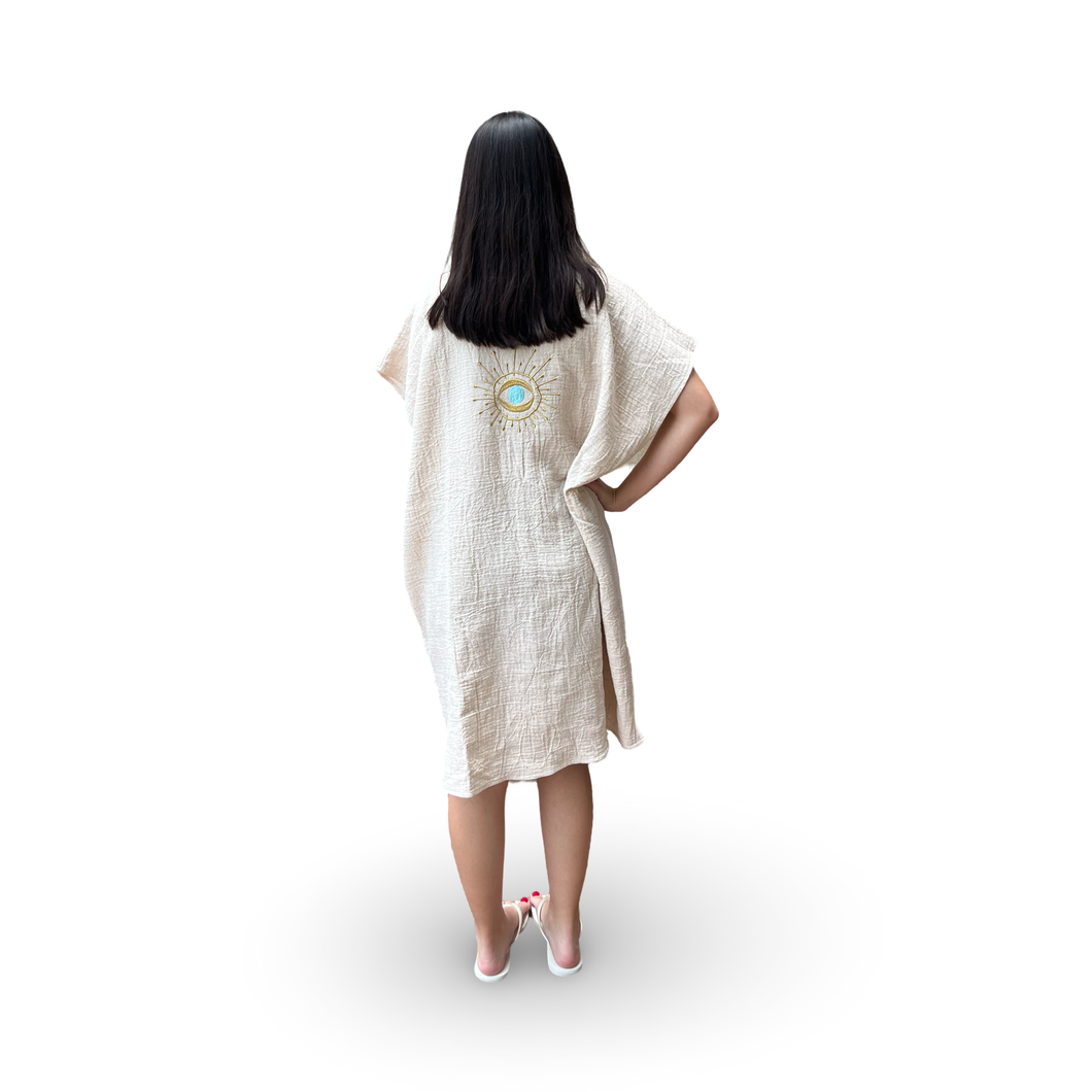 Beige Cotton Cover Up Dress with Evil Eye Embroidery