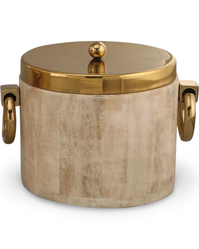White Wood Ice Bucket with Gold Metal Handles and Cover