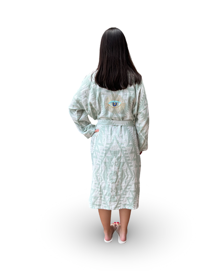 Green Geometric Robe with Evil Eye Embroidery