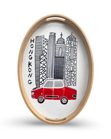 Hand-Painted Wooden Oval Tray with Hong Kong Red Taxi and Skyline