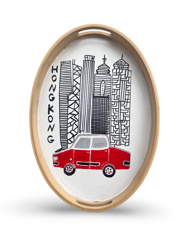 Hand-Painted Wooden Oval Tray with Hong Kong Red Taxi and Skyline