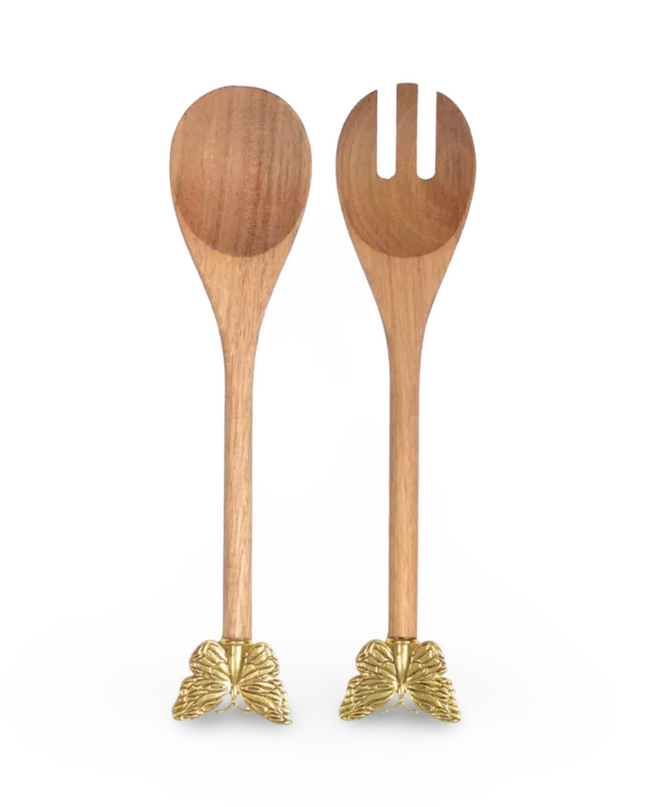 Wooden Salad Servers with Gold Metal Butterfly Handle