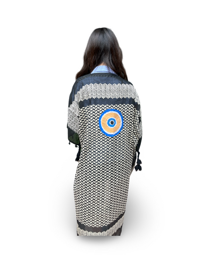 Hand-Painted Black White Kaftan with Evil Eye