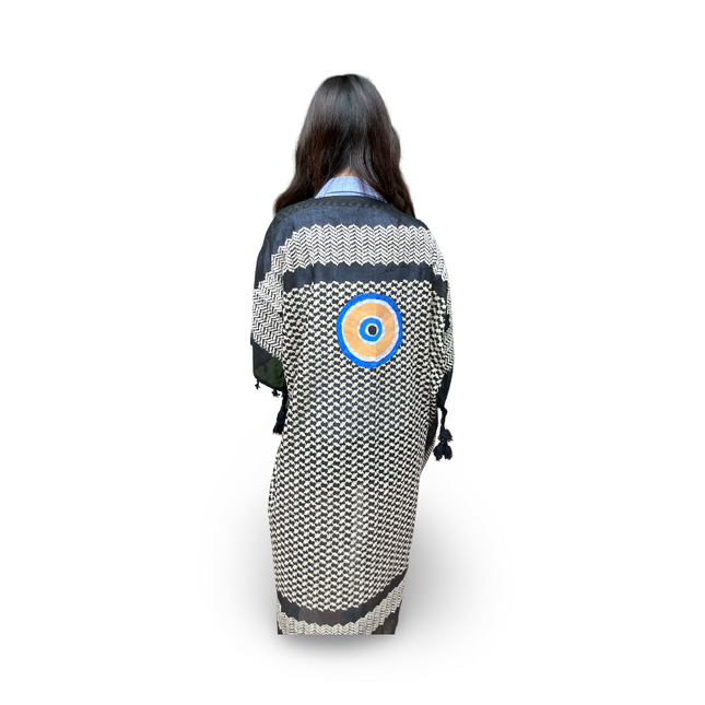 Hand-Painted Black White Kaftan with Evil Eye