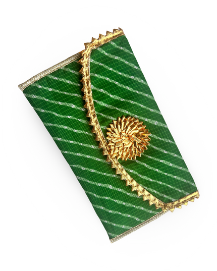 Green Linen Pouch with Gold Embroidery