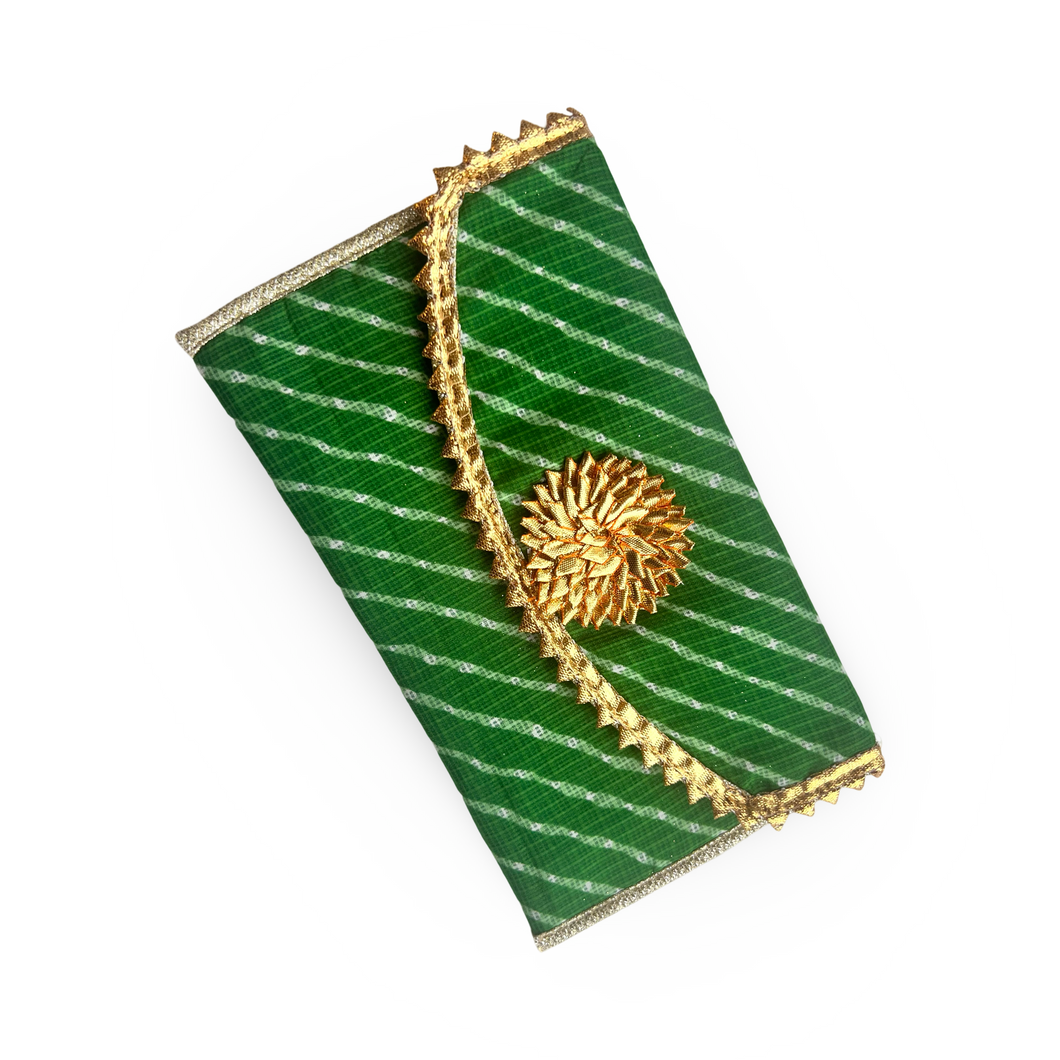 Green Linen Pouch with Gold Embroidery