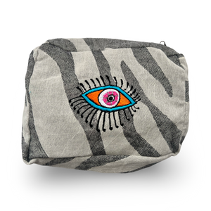 Gray Cosmetic Pouch with Evil Eye Nazar Embroidery