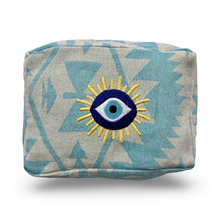 Load image into Gallery viewer, Turquoise Cosmetic Pouch with  Evil Eye Nazar Embroidery
