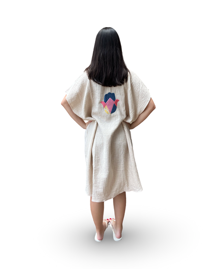 Beige Cotton Cover Up Dress with Colorful Hamsa Embroidery