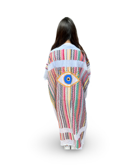 Hand-Painted White Multi-Colored Kaftan with Evil Eye