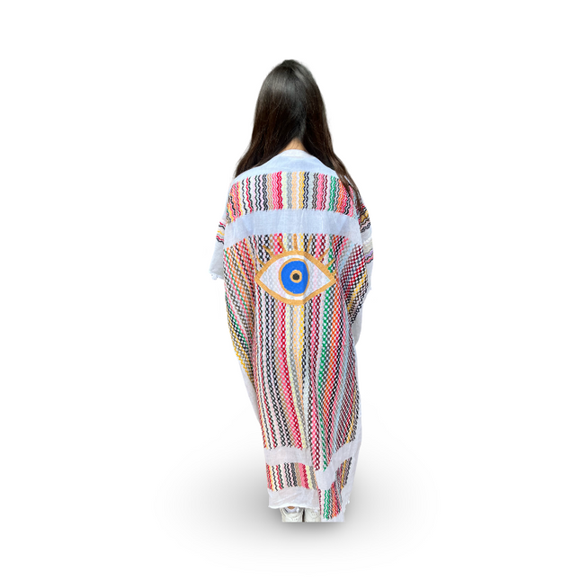 Hand-Painted White Multi-Colored Kaftan with Evil Eye