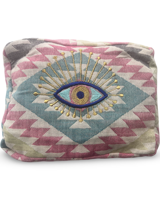Multi-Colored Embroidered Evil Eye Cosmetic Pouch
