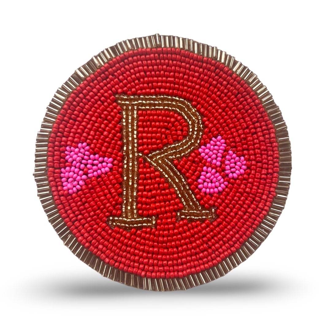 Red Beaded Coaster with Gold R