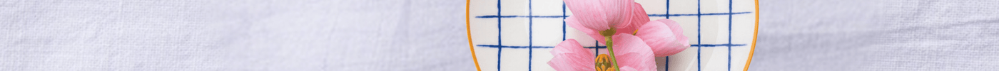 Casa Duniya's White and Blue Checkered Zambila Dessert Plate with a Pink Flower and White Linen Background