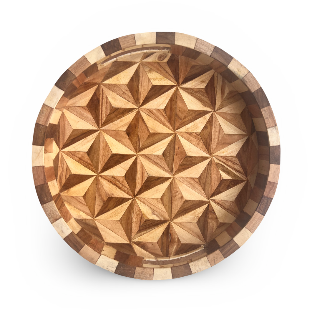 Round Wooden Geometric Pattern Tray