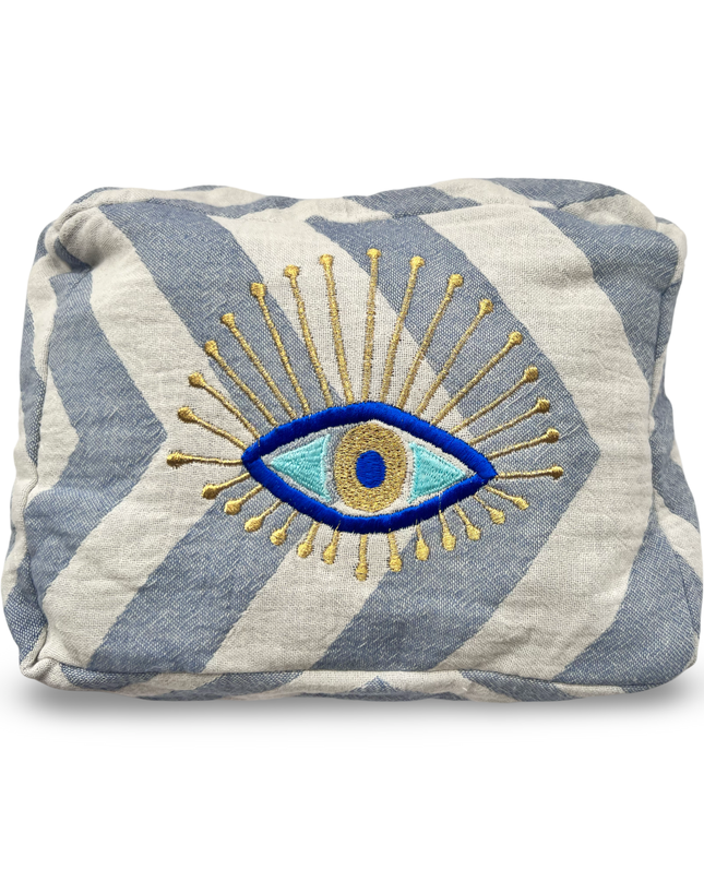 Blue and White Embroidered Evil Eye Cosmetic Pouch