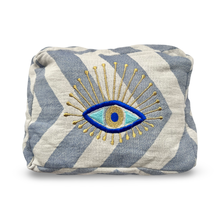 Load image into Gallery viewer, Blue and White Embroidered Evil Eye Cosmetic Pouch
