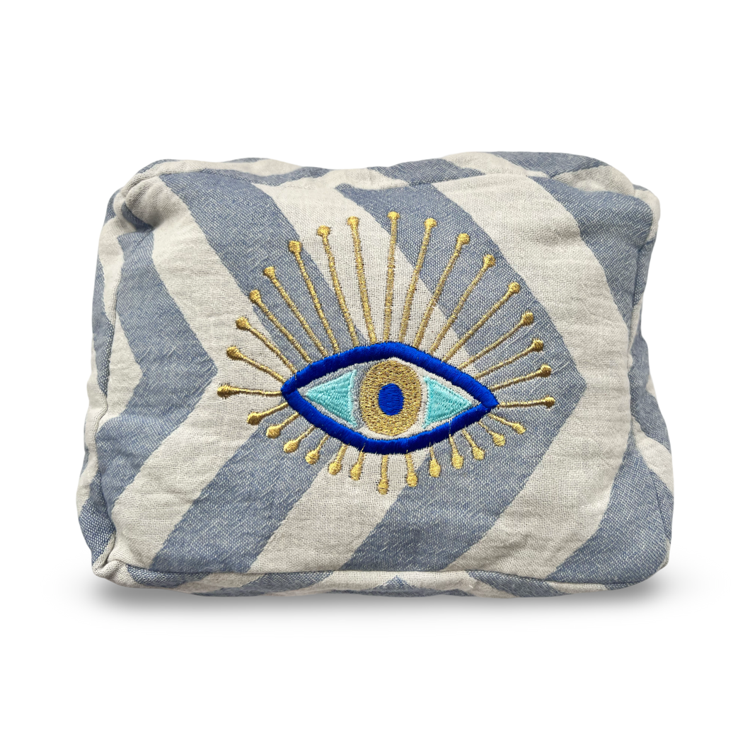 Blue and White Embroidered Evil Eye Cosmetic Pouch