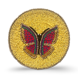 Yellow Beaded Coaster with Red Butterfly