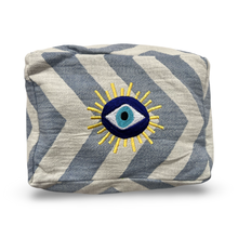 Load image into Gallery viewer, Blue and White Embroidered Evil Eye Cosmetic Pouch
