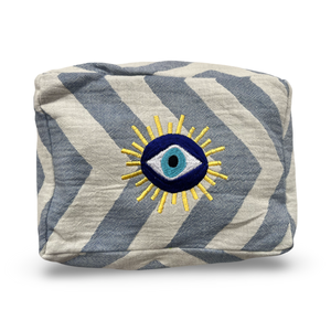 Blue and White Embroidered Evil Eye Cosmetic Pouch