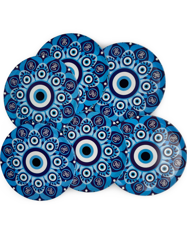Blue Aluminum Evil Eye Coaster Set with Cork Base
