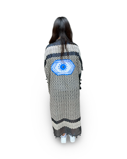 Hand-Painted Black White Kaftan with Blue Hexagon Evil Eye
