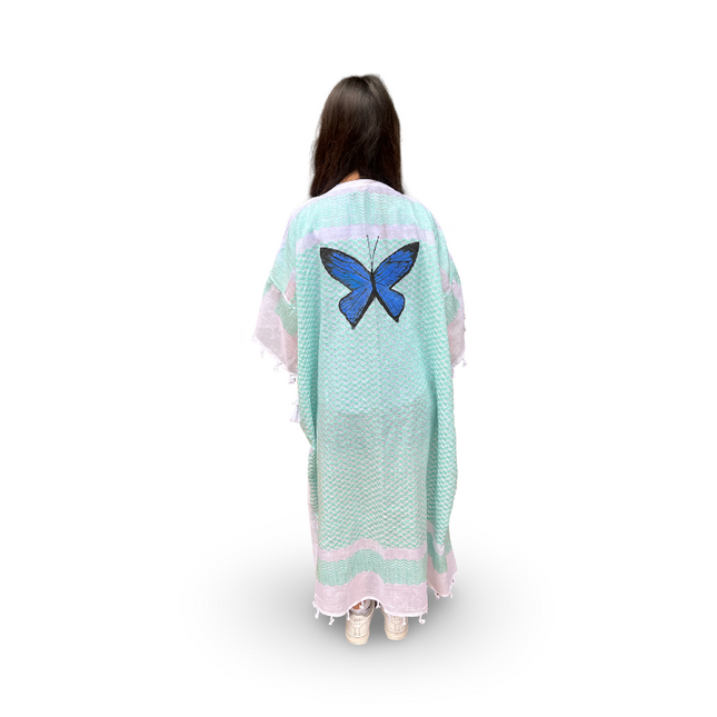 Hand-Painted Aqua Kaftan with Blue Butterfly