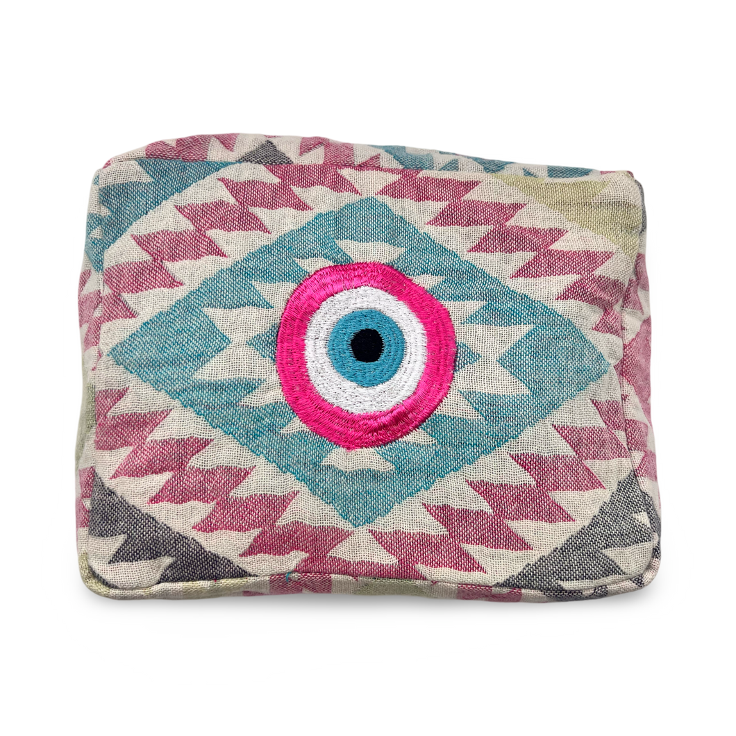 Multi-Colored Embroidered Evil Eye Cosmetic Pouch