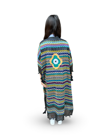 Hand-Painted Multi-Colored Kaftan with Evil Eye Clover
