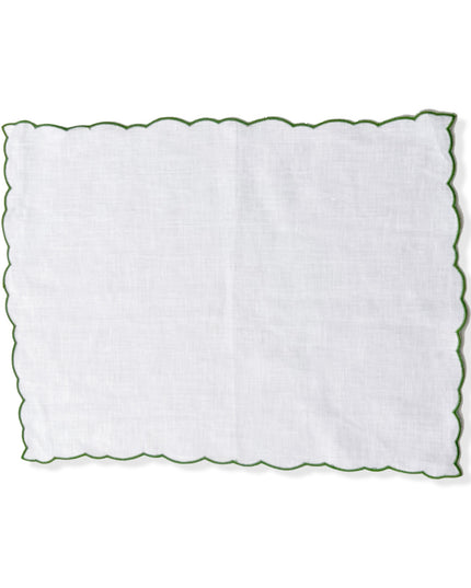 White Linen Scalloped Placemats with Gold Embroidered Border