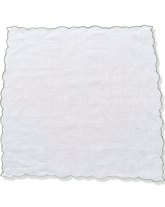 White Linen Scalloped Napkins with Green Embroidered Border