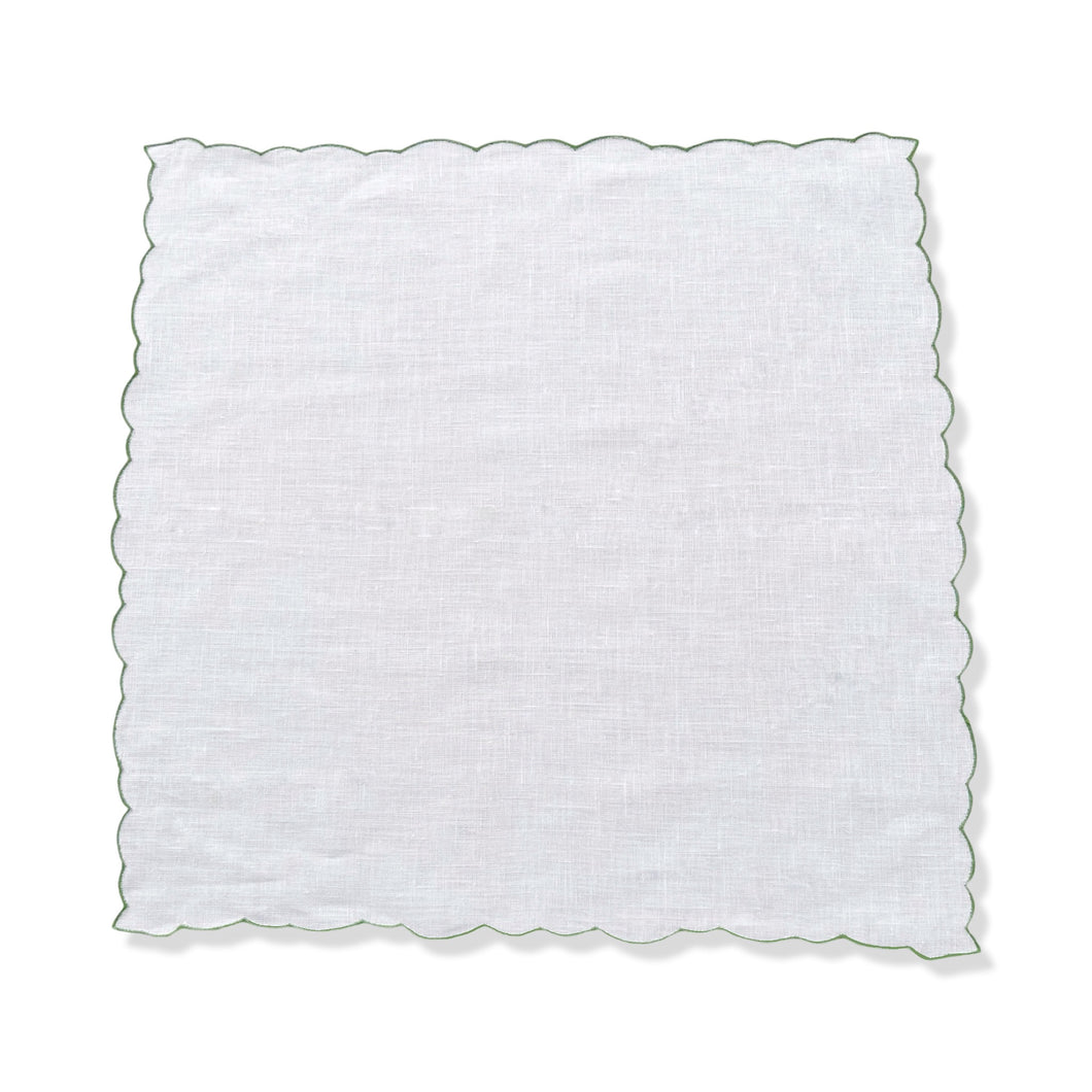White Linen Scalloped Napkins with Green Embroidered Border
