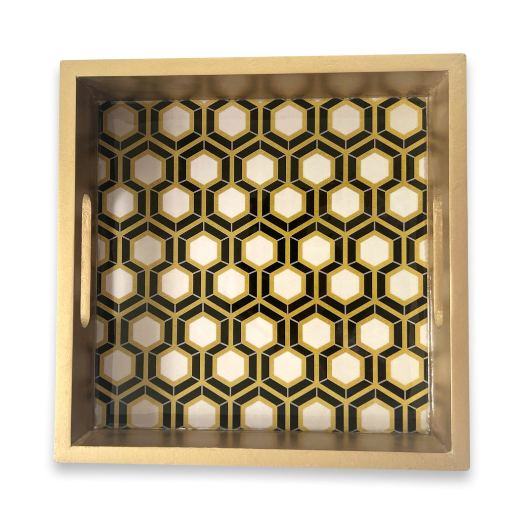 Gold Hexagon Design Wooden Tray
