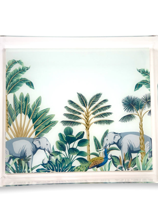 Elephant Palm Trees and Peacock Acrylic Tray