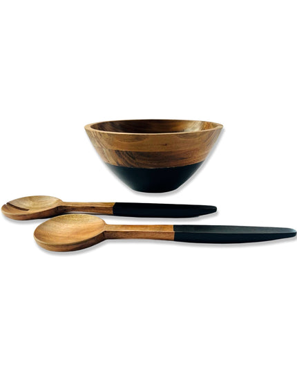 Wood and Black Salad Bowl and Servers